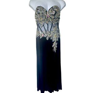 Tony Bowls Strapless Black With Rhinestone Applique & Sheer Panels Dress Size 10
